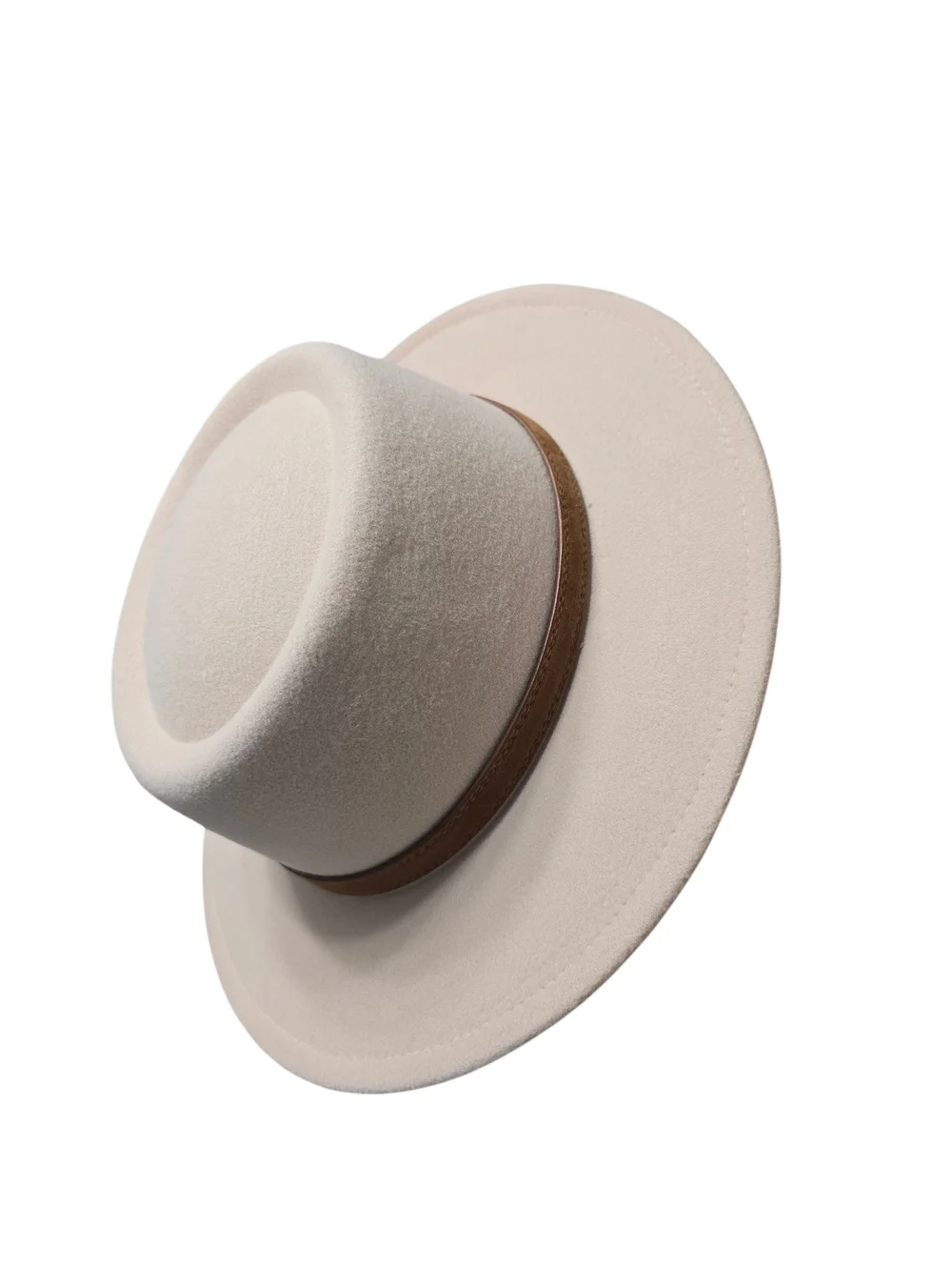Wool Fedora Hat Womens Vintage Cream Felt Wide-Brim Hat with Brown Band
